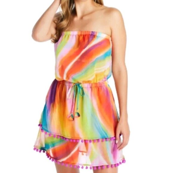 Bleu Rod Bettie Splash Out Short Ruffled Dress Cover Up Women S Strapless Pompom - Picture 1 of 13